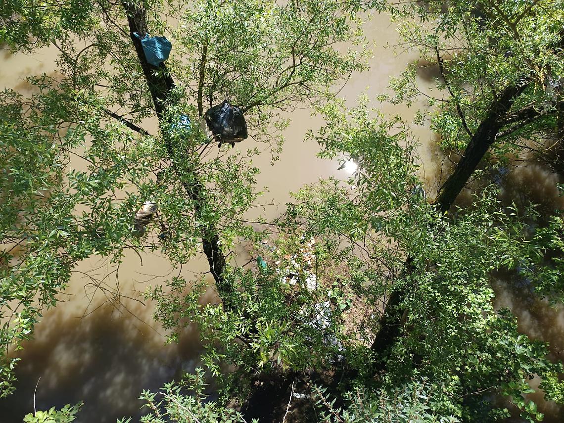 Buste di rifiuti nel fiume Sacco