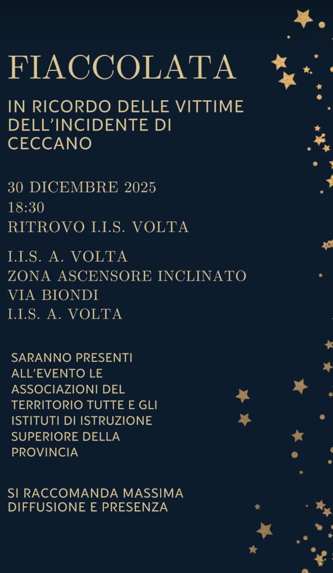 Una fiaccolata in ricordo delle vittime dell'incidente di Ceccano 