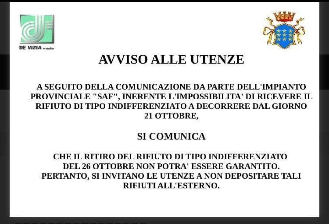 Rifiuti, ancora disagi: questa sera salta il ritiro dell'indifferenziata
