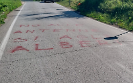 Scritte sull'asfalto adiacente al parco De La Fontaine: «No alle antenne, sì agli alberi»